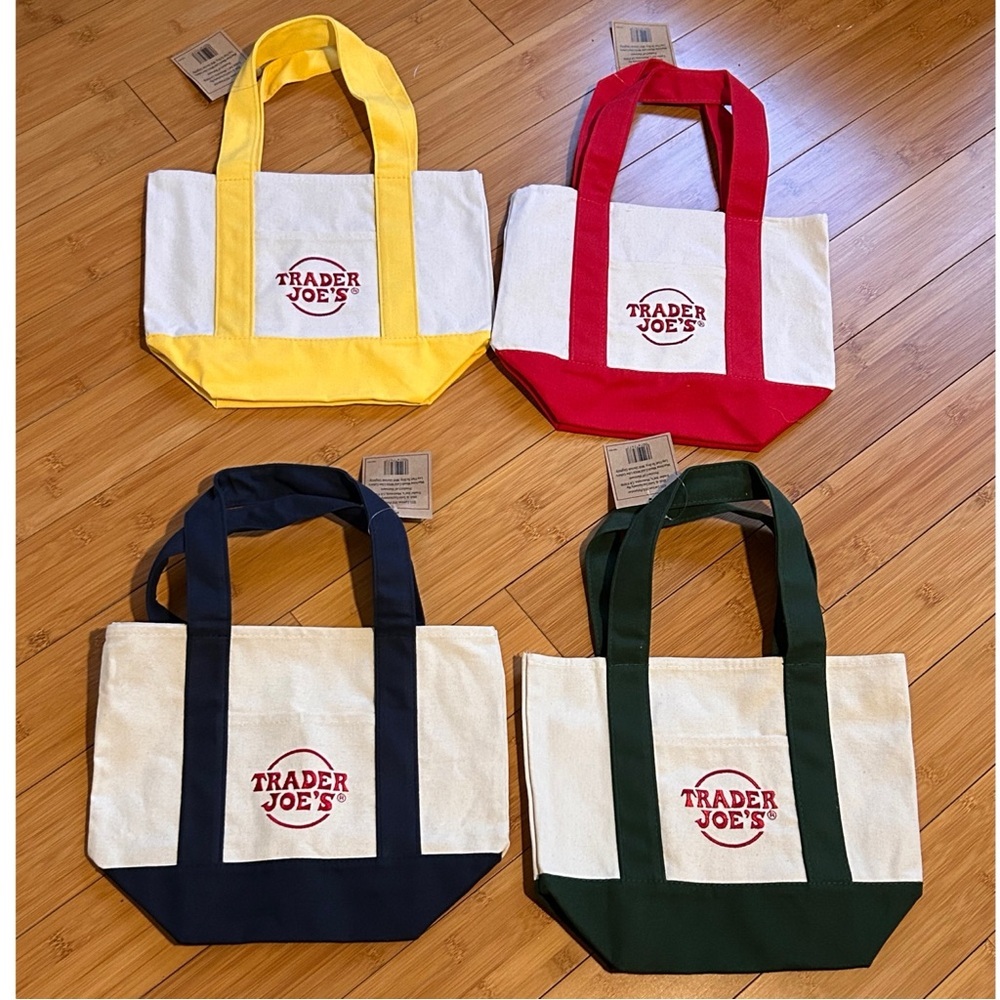Trader Joe’s Mini Canvas Tote Bag Set Of 4 - Brand New Red, Yellow, Blue… - Picture 2 of 4